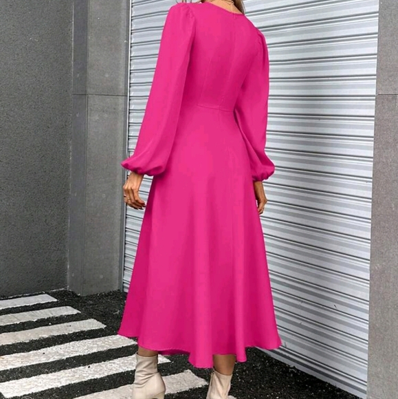 Women's Elegant Round Neck Solid Color Long Sleeve Summer Dress - Picture 4 of 4